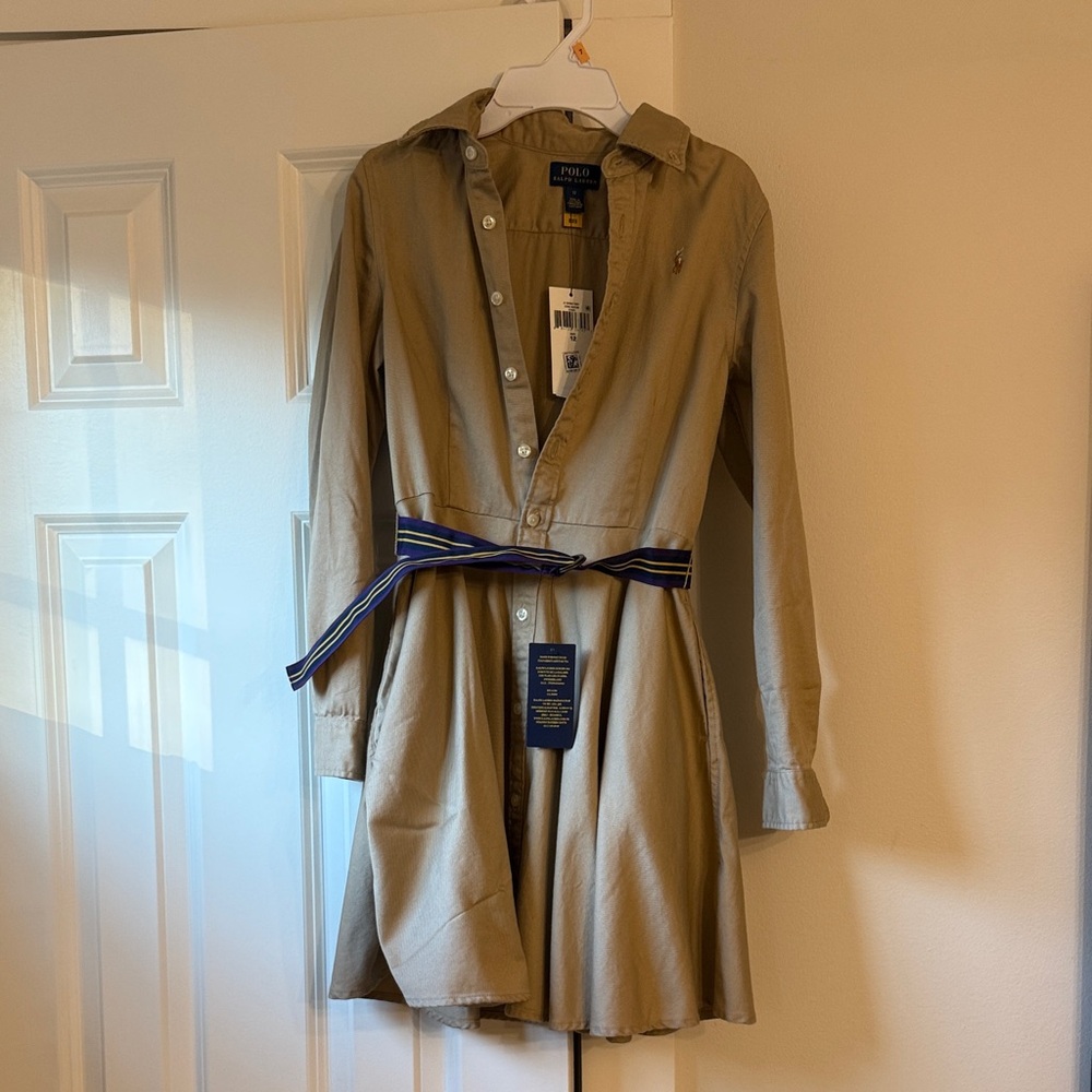 Ralph Lauren Beige Shirt Dress with Navy Belt. Girls’ Size 12.